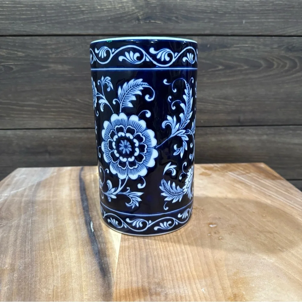 Pier 1 Navy and White Floral Ceramic Utensil holder/ Vase
